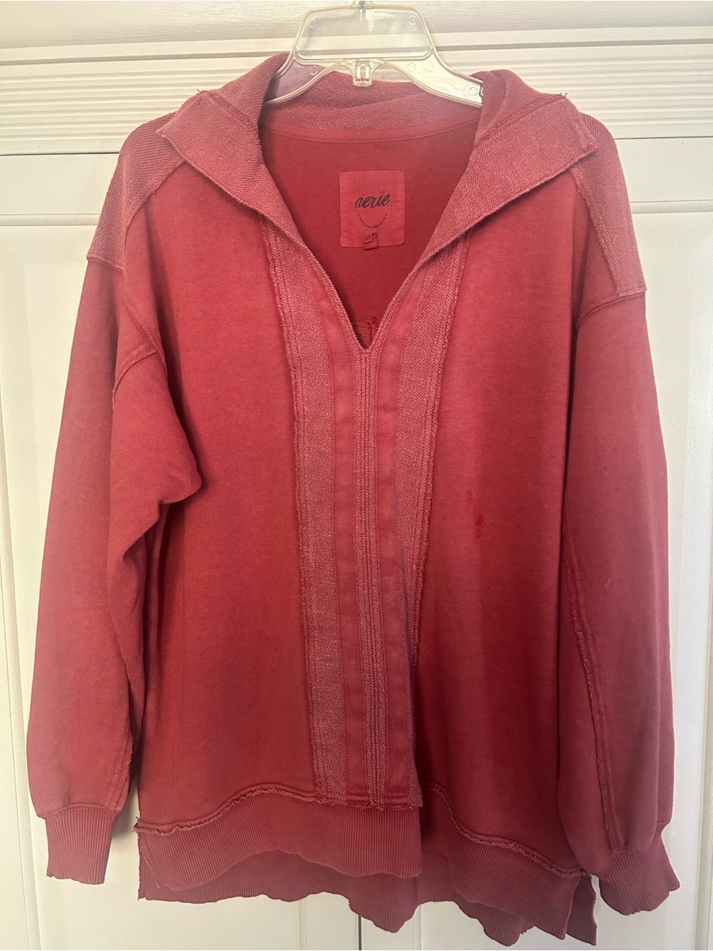 aerie Washed Red V-Neck Hoodie Pullover